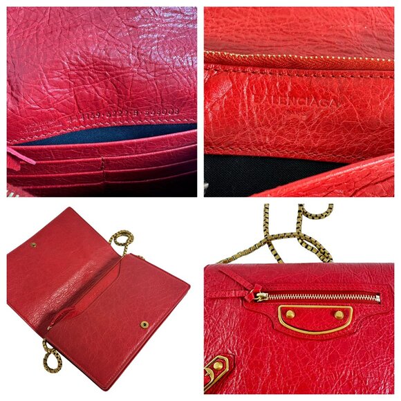 BALENCIAGA Red Leather Agneau Metallic Edge Clutch Crossbody Wallet on Chain - Picture 10 of 15
